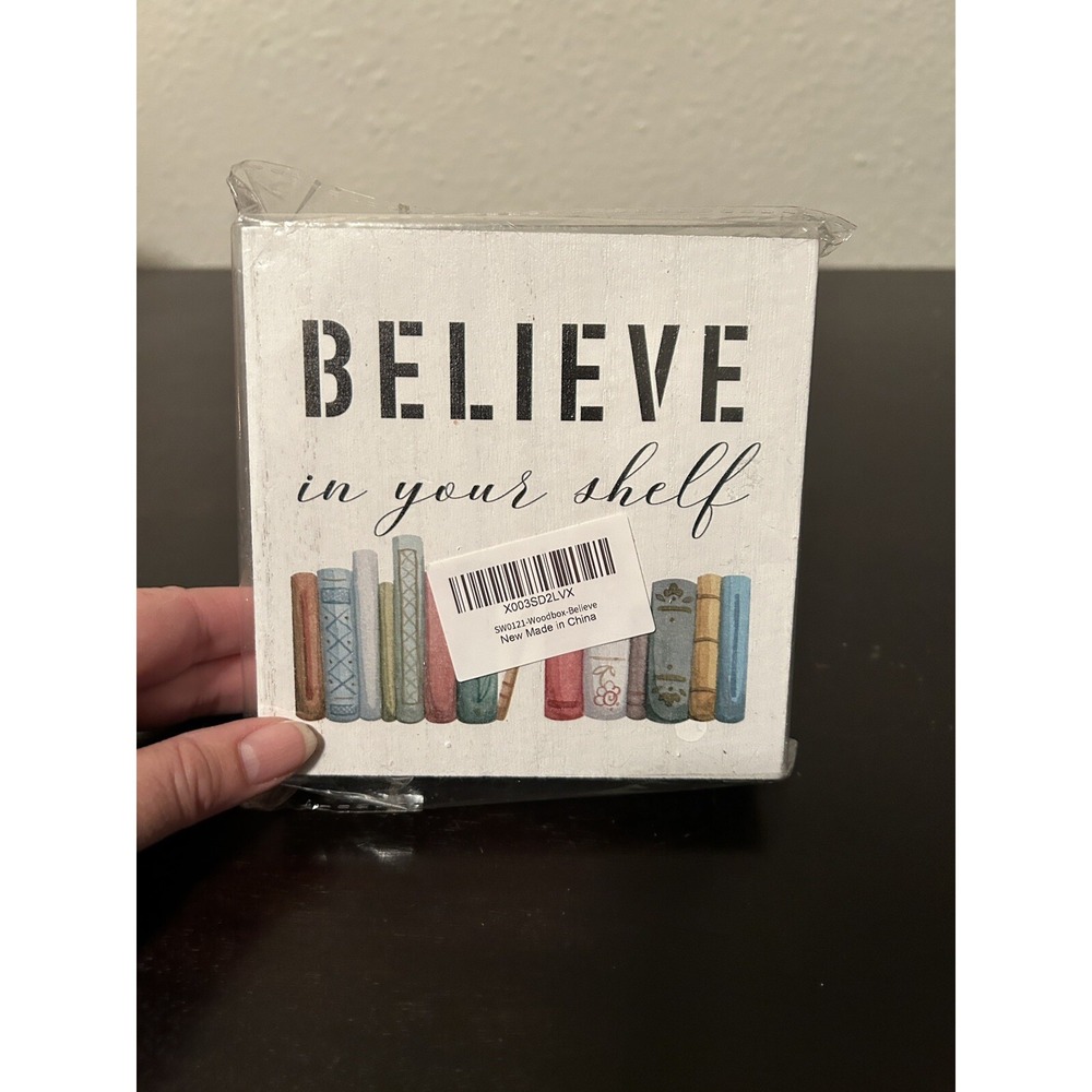 "Believe In Your Shelf" Books White Wooden Box Sign Desk Home Room Decor 5 x 5